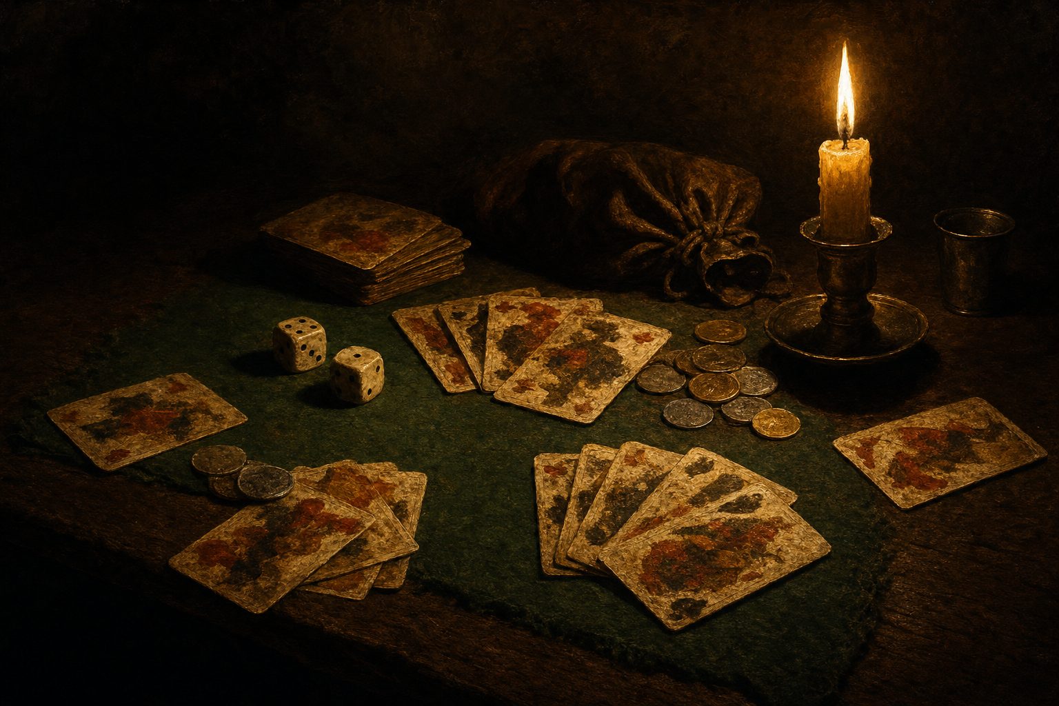Bodegón barroco de claroscuro sobre un tapete verde con naipes antiguos, dados, monedas de oro y una vela encendida, evocando el juego como tema en la pintura clásica